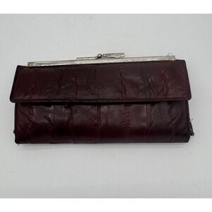 Vintage Maroon Genuine  Eel Skin Clutch Wallet Kiss Lock Frame Retro Boho